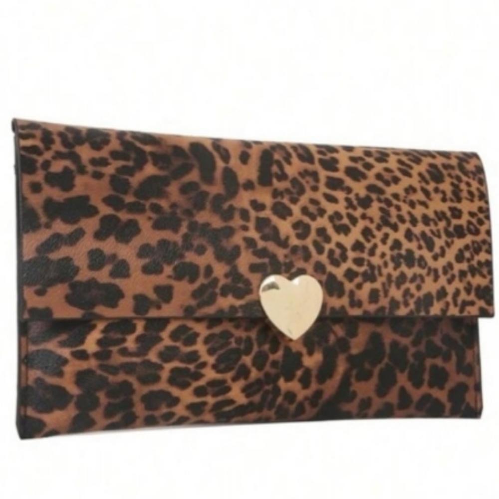 Animal Print Leopard Clutch Bag with Heart Clasp